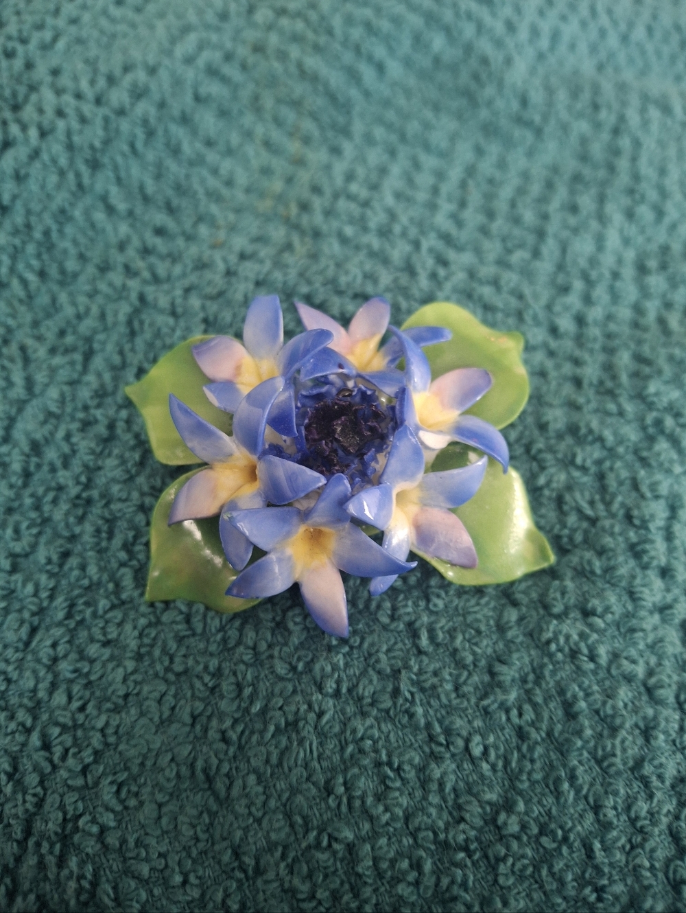 Blue and Yellow Flower Brooch with Green Leaves